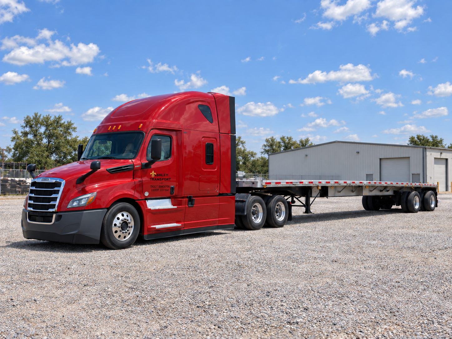 Red Freightliner Cascadia with an empty flatbed trailer